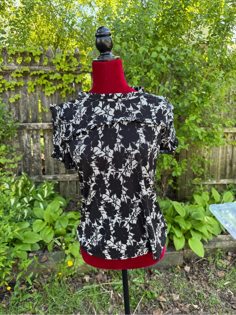 Karl Lagerfeld Black and White Floral Ruffle Neck Blouse